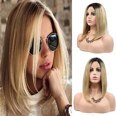 Imagem de sylvia Perucas Blonde Bob Lace Front Wigs Short Straight Synthetic Wigs 35 cm Natural Straight Sintético Fibra Resistente ao Calor para Mulher