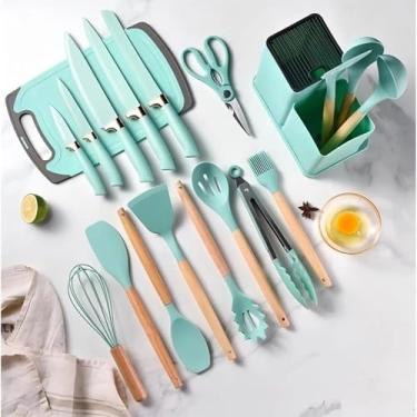 Imagem de Kit Utensílios de Cozinha 19 Peças Silicone com Cabo de Madeira Antiaderente e Resistente ao Calor