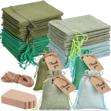 Imagem de Woanger 100 sacos de presente de serapilheira com 100 peças de etiquetas de presente de papel kraft com cordão, sacos de estopa a granel para artesanato de festa de casamento DIY (10 x 15 cm, menta