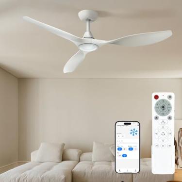 Imagem de Roomratv Ventiladores de teto de 132 cm com luzes e controle remoto, ventilador inteligente moderno branco com luz LED, aplicativo e controle remoto, motor CC reversível silencioso, 6 velocidades
