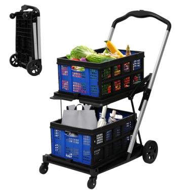 Imagem de Carrinho de compras dobrável com 2 caixotes carrinho de compras com rodas multiuso carrinho dobrável de duas camadas para mercado de fazendeiros, cozinha, mercearia