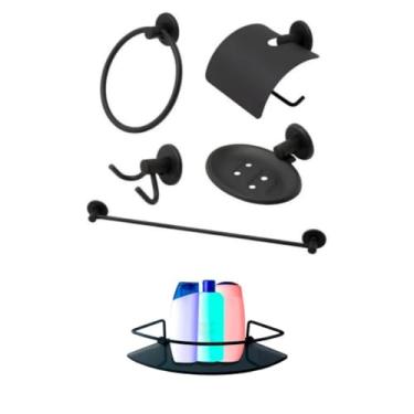 Imagem de Kit de Acessórios para Banheiro, Preto Fosco, Vidro Fumê, com Porta Shampoo Reto, Suporte Toalha, Saboneteira, 20x29cm