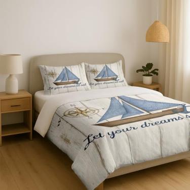 Imagem de Jogo de cama náutico Queen – Conjunto de capa de edredom "Let Your Dreams Set Sail" de 3 peças, tema de veleiro do oceano costeiro, capa de edredom com 2 fronhas, casa de praia ou quarto à beira-mar