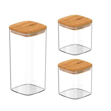 Imagem de Kit 03 Potes Herméticos Tempero 150Ml E 340Ml Tampa De Bambu