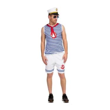 Imagem de Fantasia Marinheiro Masculino Adulto de Carnaval Curto Com Quepe (Branco e Azul, GG 48-50)