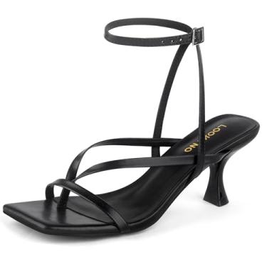 Imagem de Lookyno Sandália feminina de salto gatinho com tiras com cadarço e bico aberto, salto alto, tira no tornozelo, chinelos para festas casuais, Preto, 36