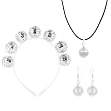 Imagem de Tahonuss Conjunto de 3 peças de acessórios para fantasia de discoteca dos anos 70, incluindo faixa de cabeça com bola de discoteca brilhante, kit de roupas chiques com tema de aniversário, suprimentos