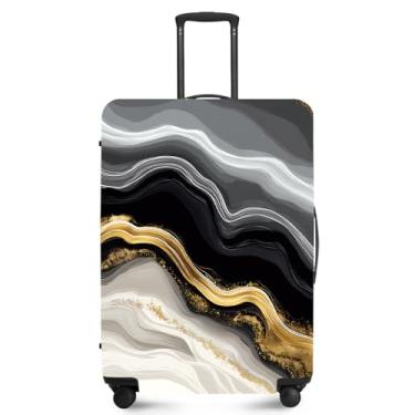 Imagem de FOREVER QUEEN Capa protetora de mala de mármore luxuosa, antiarranhões, capa de bolsa elástica, lavável e durável de poliéster, Preto e dourado 3, S(fits 20-22inch suitcase), Mármore