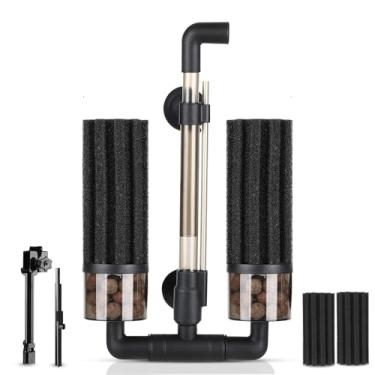 Imagem de hygger Filtro de esponja dupla para aquário: filtro de esponja atualizado com área de filtragem maior, vem com clipe extensível, 2 esponjas bioquímicas sobressalentes, bolas biocerâmicas, para tanque