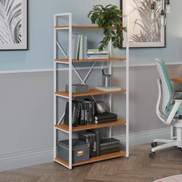 Imagem de Estante para Livros Alta 5 Prateleiras 150cm x 72cm Industrial Canela/Branco Brilho