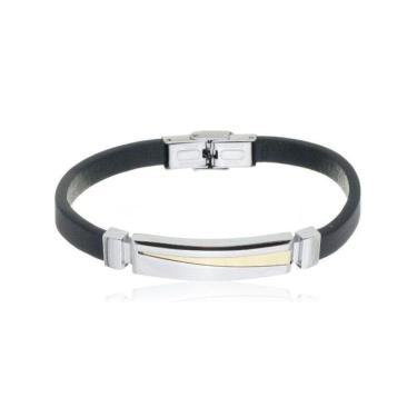 Imagem de Bracelete Aço 20Cm Couro Preto Trabalhado Com Placa 10X36Mm