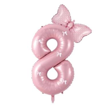 Imagem de Decorações de aniversário de 8 anos de borboleta para meninas, conjunto de arco de balões rosa número 8 de 101 cm, suprimentos de decoração de festa de aniversário com tema de borboleta. (Rosa 8)