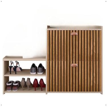 Imagem de Sapateira Organizadora Com Banco Integrado - 2 Portas Basculantes E Puxador Concha Milano Para Hall De Entrada, Quarto E Closet - Assento PráTico Para Vestir Sapatos(Fendi/Ripado)