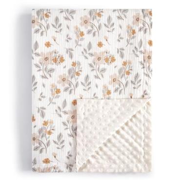 Imagem de TILLYOU Cobertores de bebê para meninas e meninos, cobertor de bebê com camada dupla de pelúcia macia, frente de algodão musselina minky e fundo pontilhado 76 cm x 101 cm, flor amarela