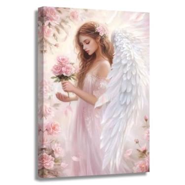Imagem de ZSHARTSWD Arte de parede de anjo rosa anjo e asas imagens abstratas menina com flores rosas impressão em tela pinturas femininas elegantes para quarto feminino decoração de casa emoldurada (rosa, 45,7