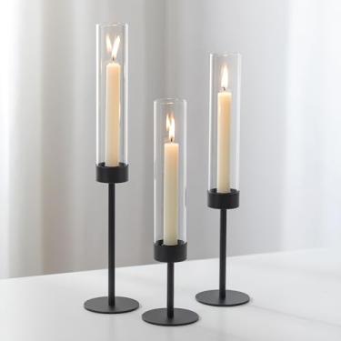 Imagem de Romadedi Porta-castiçais pretos Hurricane - Castiçal de metal cônico cilindro de vidro alto à prova de vento para mesa interna e externa centro de mesa de Natal Halloween decoração de casa moderna