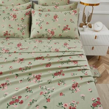 Imagem de FADFAY Jogo de lençol Queen Size 100% algodão, verde sálvia, estampa floral rosa vermelha francesa, roupa de cama luxuosa macia e legal, estilo vintage gasto, lençol com elástico profundo de 4 peças