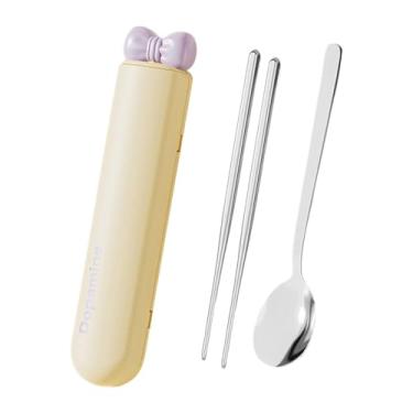 Imagem de DimyFew Conjunto de talheres de colher e pauzinhos, utensílios reutilizáveis, conjunto de talheres portáteis, utensílios de viagem para acampamento, cozinha, Amarelo 3 Peças