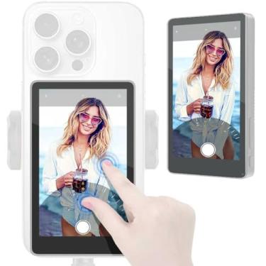 Imagem de Tela sensível ao toque para iPhone e Android, câmera traseira de 4 polegadas com projeção 4K, áudio, brilho ajustável, baixa latência, 1500mAh, para TikTok YouTube Live Streaming (cinza)