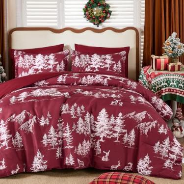 Imagem de Conjunto de edredom de Natal, cama king size, árvore de Natal vermelha bordô e rena em uma bolsa, edredom macio com jogo de cama de Natal, decoração de casa 264 x 228 cm
