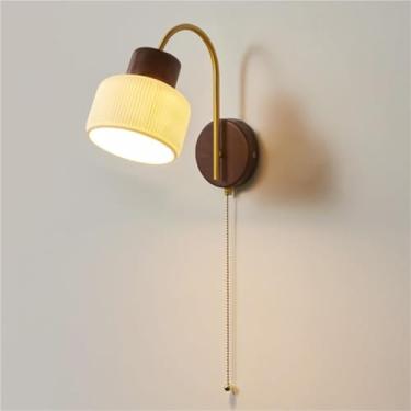 Imagem de Luminária de parede de cerâmica com interruptor de cordão para cabeceira, luminária de parede para quarto, sala de estar, estilo fazenda, luminária de parede em nogueira, braço de cobre com