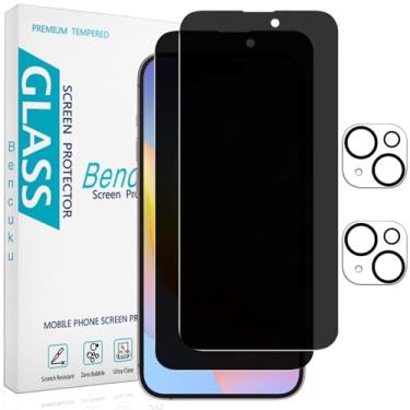 Imagem de Bencuku Pacote com 2 protetores de tela de privacidade para iPhone 15 Plus de 6,7 polegadas com 2 protetores de lente de câmera, película de vidro temperado privada antiespião, dureza 9H, sem bolhas