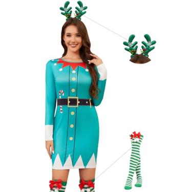 Imagem de Ovokcina Vestidos de Natal para mulheres, mangas compridas, gola redonda, 3 peças, Papai Noel, elfo, estampa verde, vestido colado ao corpo, mini vestido de Natal Ot4-02-M