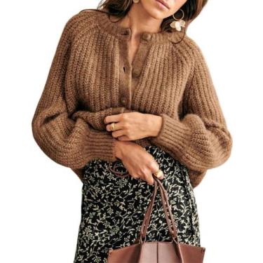 Imagem de Suéter de cardigã feminino Wyeysyt com botões, de malha grossa, marrom