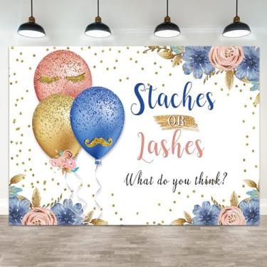 Imagem de ASDCXZ 2,1 x 1,5 m de fundo revelador de gênero, estacas ou cílios, fundo fotográfico, menino ou menina, folhas de flores azuis e rosa, balão dourado, faixa de chá de bebê, decoração de retrato de