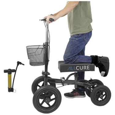 Imagem de Andador 4 Rodas Dobrável com Cesta e Apoio para Joelho Ideal para Lesões Suporta 136kg, ALLCURE, Preto