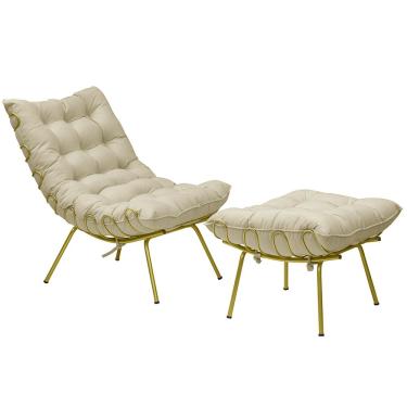 Imagem de Conjunto Decorativo Poltrona e Puff Abel Base de Ferro Dourada Veludo Bege - Gran Belo
