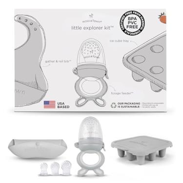 Imagem de Moss and Fawn Little Explorer Kit - Silicone Frozen Breast Milk Popsicle Kit with Forage Feeder, Teething Popsicle Ice Cube Tray, & Gather & Roll Baby Feeding Bib - BPA, PVC, & Lead-Free - Dew