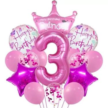 Imagem de Decorações de aniversário de 3ª princesa para meninas - 81 cm rosa número 3 balões e coroa de princesa conjunto de balões rosa suprimentos de festa de aniversário. (Rosa 3)
