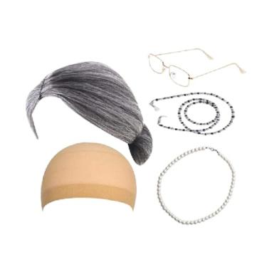 Imagem de Fiocias Fantasia de Vovó, Peruca de Vovó, Fácil de Usar, Colar Realista, Touca de Peruca, óculos de Vovó para Baile de Máscaras, Festa, Preto Cinza Liso