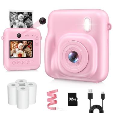 Imagem de Câmera infantil com impressão instantânea, lente dupla 48 MP para presentes de aniversário de Natal, câmeras instantâneas de selfie 1080p para crianças com cartão de 32 GB, câmera digital de impressão