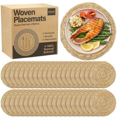 Imagem de Elcoho 40 peças de jogo americano de tecido redondo de 30 cm Boho Rattan Placemats de fazenda trançados, carregadores, tapetes de mesa de vime rústicos para mesa de jantar