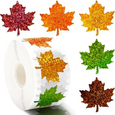 Imagem de 500 peças de adesivos de folha de outono de Ação de Graças 5 cores adesivos holográficos de folha de bordo decalques à prova d'água 3,8 cm adesivos autoadesivos folhas rolo para festa de outono