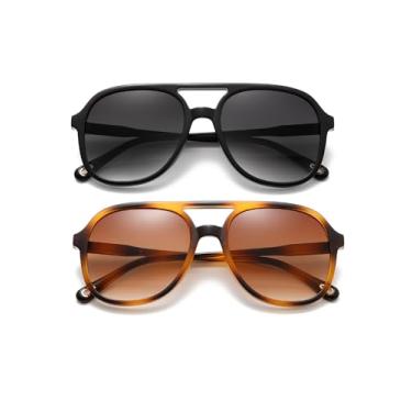 Imagem de (Pacote com 2) Óculos de sol aviador retrô para mulheres e homens, clássicos, anos 70, vintage, moderno, quadrado, aviadores, Preto brilhante + marrom tartaruga