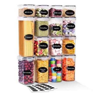 Imagem de Kit 15 Potes Herméticos Organizadores com Tampa e Vedação em Silicone – Porta Alimentos, Mantimentos, Cereais e Grãos – Plástico Resistente e Transparente – Ideal para Cozinha, Armários e Dispensas