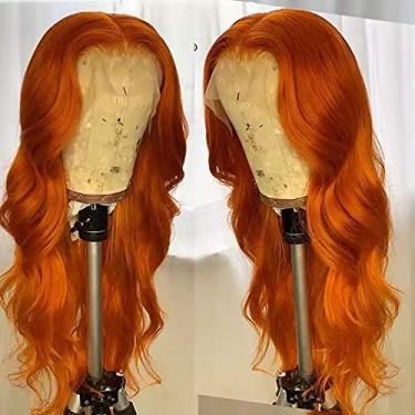 Imagem de ANDRIA Perucas de renda frontal laranja de gengibre, perucas longas, onduladas, sem cola, peruca de fibra sintética resistente ao calor com cabelo de bebê, ondulado natural, ondulado, colorido, castanho gengibre, peruca colorida para mulheres, 61 cm