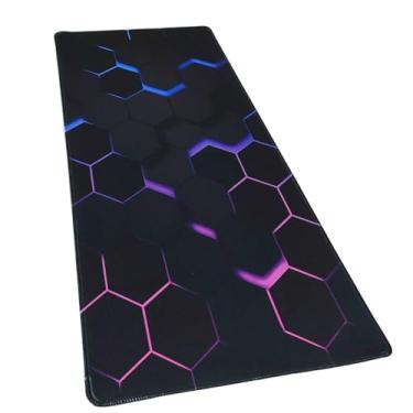 Imagem de Mouse Pad Gamer Extra Grande 80x30cm - Base Antiderrapante, Superfície de Precisão, Design Hexagonal 3D com Efeito Neon Azul e Roxo - Ideal para Escritório e Setup de Jogos