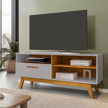 Imagem de Rack Bancada Paladio Tv 55 Pol. Sala Com Pes De Madeira Off White/naturale