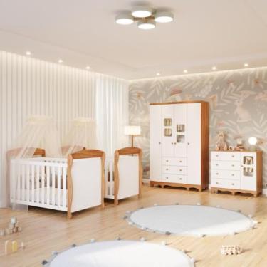 Imagem de Quarto Bebê Gêmeos 2 Berços Americano Marquesa Guarda Roupas Cômoda Uli 100% MDF