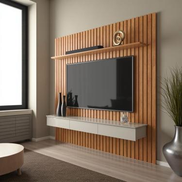 Imagem de Painel Ripado Para Tv Até 75 Polegadas Home Antares Suspenso Com Nicho 3 Gavetas E Prateleira Cinamomo/off White