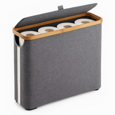 Imagem de Organizador de Papel Higiênico com Tampa, Cesto Multiuso Dobrável em Tecido Cinza com Borda em Bambu para Banheiro