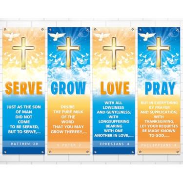 Imagem de 4 faixas de igreja para parede de santuário, banners religiosos, para servir crescer, amar, rezar, pendurar, pano de fundo, cruz dourada, placas penduradas, escritura, versículo bíblico, banner para