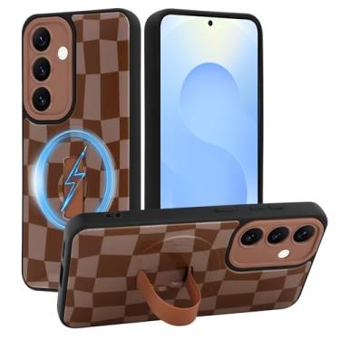 Imagem de SOKAD Capa quadriculada magnética para Samsung Galaxy S25 com suporte de alça de dedo, compatível com Magsafe, lindo tabuleiro de xadrez projetado para mulheres e homens, capa de proteção completa