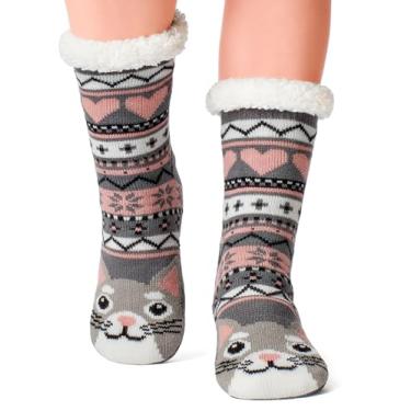 Imagem de cosyone1997 Meias felpudas para mulheres, meninas, crianças, com aderência, forradas de ovelha quente, para cabana de animais, antiderrapante, para uso interno, presentes de Natal, inverno
