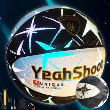 Imagem de YeahShoot Basquete que brilha no escuro com revestimento de poliuretano refletivo - Bola de jogo noturna durável para homens, mulheres e jovens basquete (preto e branco, tamanho 7/75 cm)