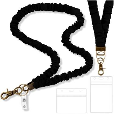 Imagem de Zkptops Cordão Scrunchie para crachás de identificação, chaveiros, colhedores de pescoço elásticos fofos para professores, alça retrátil para chaveiro, estético, preto, elástico, colhedores com 2